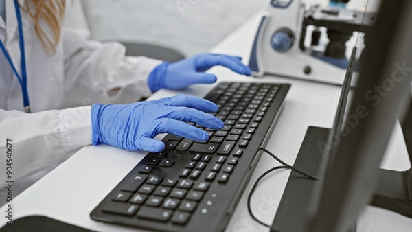 Fototapeta A caucasian woman scientist in a lab wearing gloves typing on a keyboard, depicting professionalism and technology.