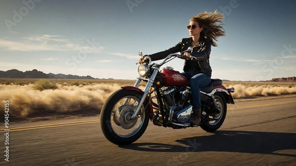 Fototapeta A stunning shot of a speeding motorcycle on Route 66, captured with dynamic studio lighting and vibrant textures. The wide expanse evokes excitement and goal-setting. A young girl rider adds interest.