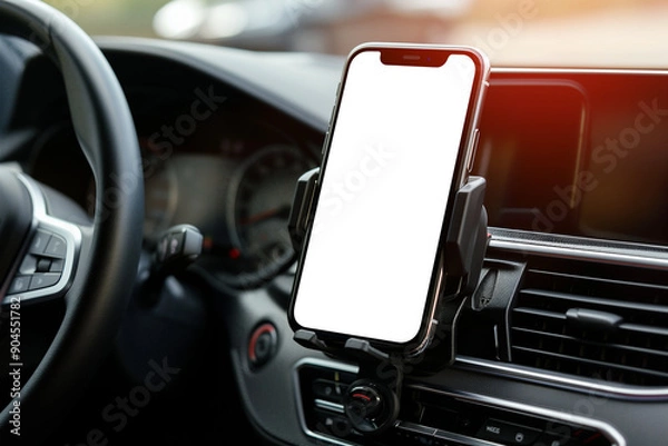 Obraz Modern smartphone device gadget mounted on phone holder at car dashboard.