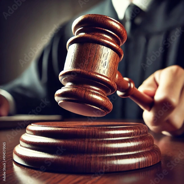 Fototapeta Close-Up of Judge Hitting Gavel in Courtroom