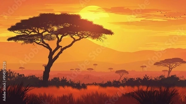 Obraz African landscape with tree silhouette. Savanna sunset background is very beautiful