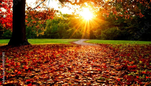 Fototapeta Endless Path through Autumn Nature Landscape Background with Sunset Vibe, Symbolizing Peace and Serenity in the Future