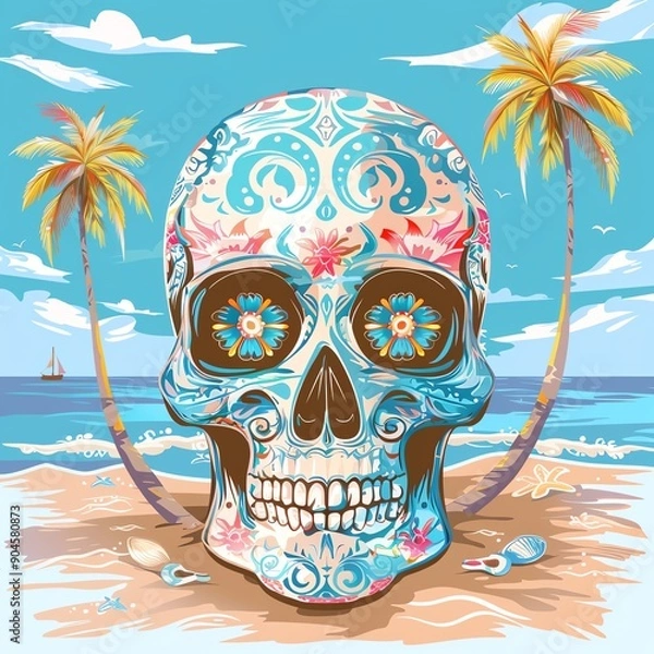 Obraz Skull with intricate decorations, set in a beach scene, cute style, flat design illustration