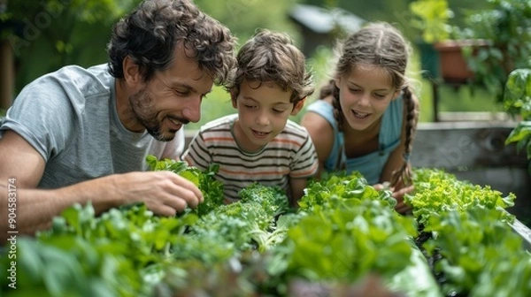 Fototapeta A family working together to maintain their home hydroponic vegetable garden, with rows of healthy produce