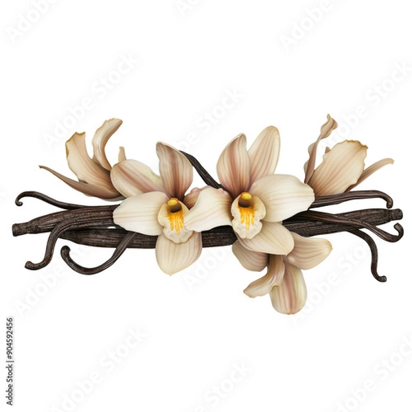 Fototapeta Vanilla pods and flowers displayed on a transparent background. Assortment of vanilla orchid blooms and vanilla sticks.