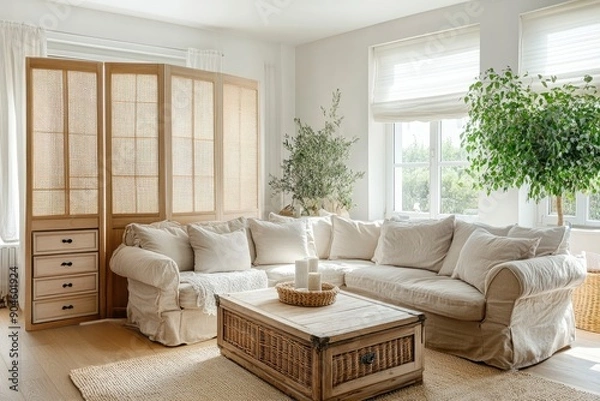 Fototapeta Light living room with folding screen, comfortable sofa, coffee table and chest of drawers, ai