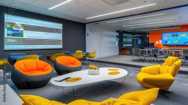 Fototapeta Modern office space with vibrant lounge area, comfortable seating, and high-tech presentation facilities for meetings and collaboration.
