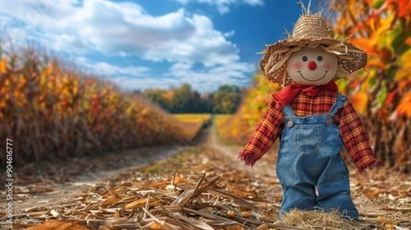 Fototapeta Charming scarecrow in overalls and straw hat standing in cornfield on sunny autumn day, surrounded by vibrant fall foliage under blue sky.