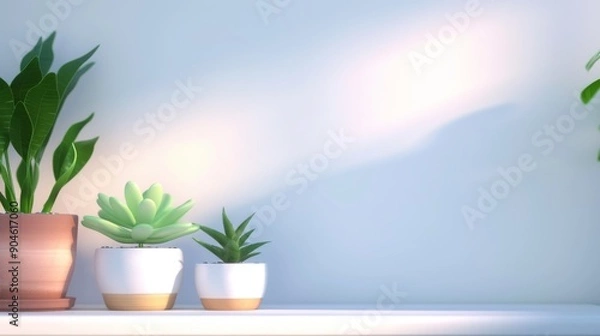 Fototapeta Modern bookshelf with lush plants, enhancing virtual office aesthetics, minimalist design, clean lines, stylish decor, ideal for contemporary workspaces.