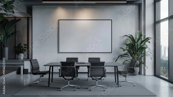 Fototapeta Conference room Office meeting room presentation style Minimalist design sized Large Room Empty big screen Frame Mockup black chair cement wall background