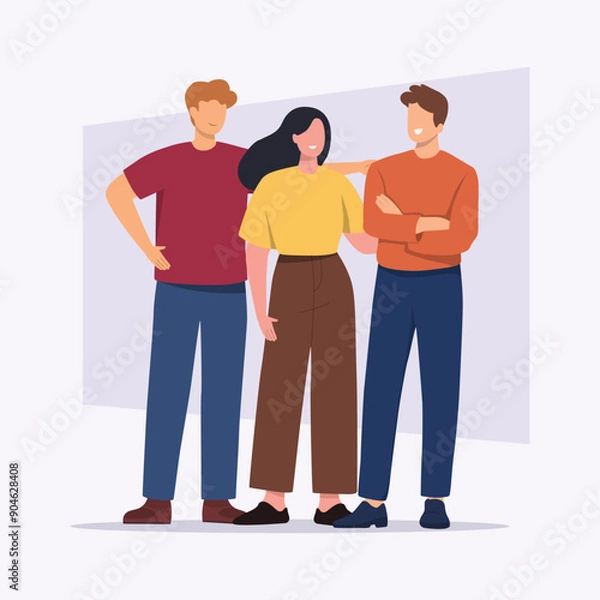 Obraz Three young friends happy. Colleagues winners rejoicing. Flat vector illustration.
