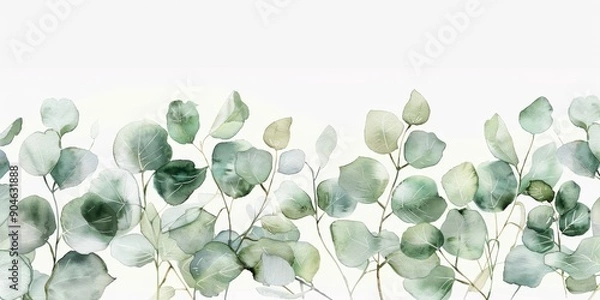 Fototapeta A green eucalyptus branch on a white background in a watercolor style illustration. 