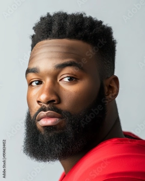 Fototapeta headshot of an African American football player with a black beard, wearing a red jersey, isolated on a light grey background with soft studio lighting. The portrait is in the style of a realistic