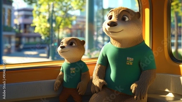 Fototapeta an otter 3D character with shirt and his child sitting side by side, in a train, looking outside the window of eco friendly modern city in the style of 3D, late afternoon sun