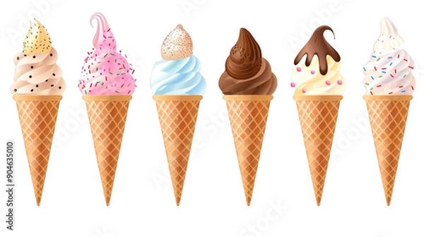 Fototapeta A row of six ice cream cones with different flavors