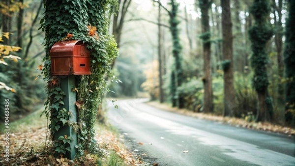 Fototapeta Dark red mailbox covered with alternating green, orange, and yellow vines climbing up the post to the old dark red mailbox in the countryside, located on a rural road, with big trees with thick green 