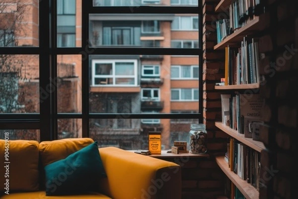 Fototapeta A cozy living room featuring a vibrant yellow sofa and a bookshelf filled with books. The room has a large window with a view of urban apartments, creating a warm and inviting atmosphere. 