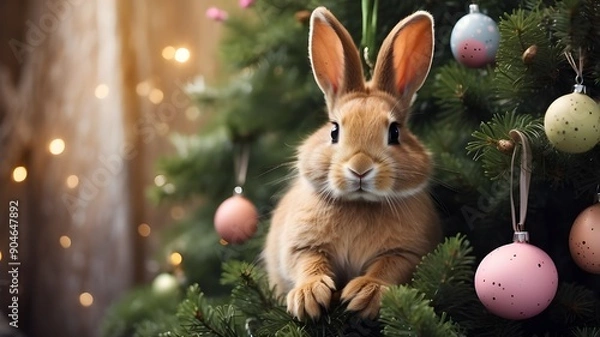 Fototapeta Easter bunny in a weird Christmas tree