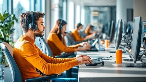 Fototapeta A man in an orange shirt is wearing headphones and typing on a computer