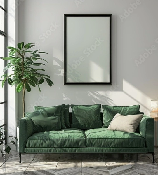 Fototapeta Modern Living Room with Green Sofa and Empty Frame