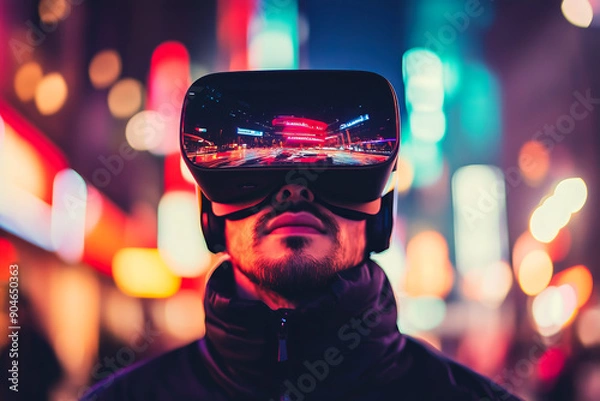 Fototapeta young man wearing high-tech virtual reality goggles with a multi-colored dynamic blurred out background