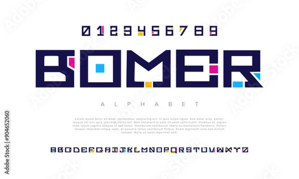 Fototapeta Bomer creative modern geometric urban alphabet font. Digital abstract futuristic, game, techno, robot, music, logo, sport, minimal technology typography. Simple numeric vector illustration