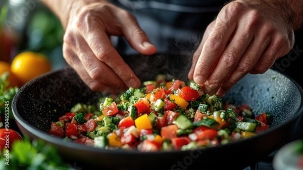 Fototapeta Chef Preparing Fresh Vegetable Salad in a Pan with Colorful Ingredients and Herbs