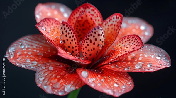 Fototapeta Close-up of a vibrant red lily flower with dotted petals, adorned with dew drops against a dark background.