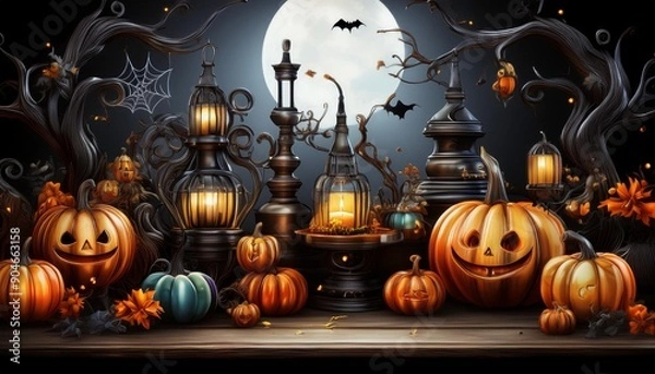 Obraz ハロウィンの飾りやカボチャのランタンと月夜のコウモリ
