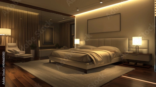 Fototapeta A bedroom with a large bed, a nightstand, and a chair