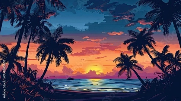 Fototapeta Silhouettes of palm trees at sunset on a beach, captured in a detailed view, highlighting the beauty of the tropical