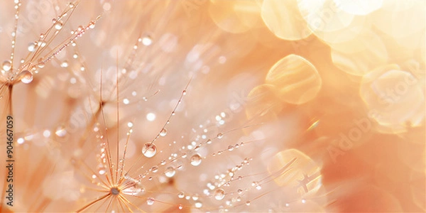 Fototapeta Dandelion flowers with dew droplets at morning