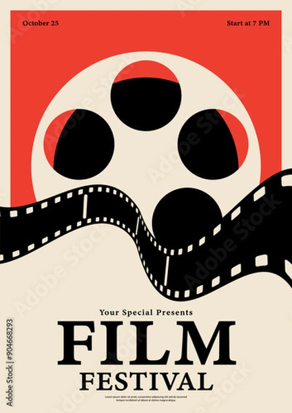 Fototapeta Movie and film festival poster template design background. Film reel and filmstrip vintage retro style