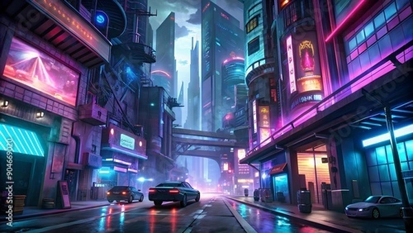 Fototapeta Vibrant futuristic cyberpunk cityscape illuminated with neon lights