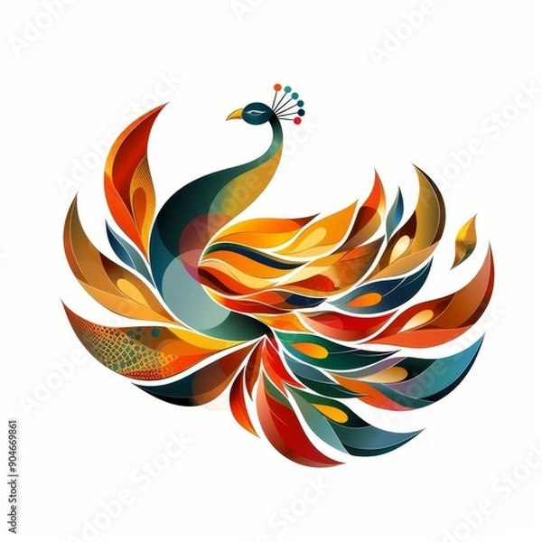 Obraz Colorful abstract peacock illustration with vibrant feathers on a white background, showcasing artistic and elegant design.