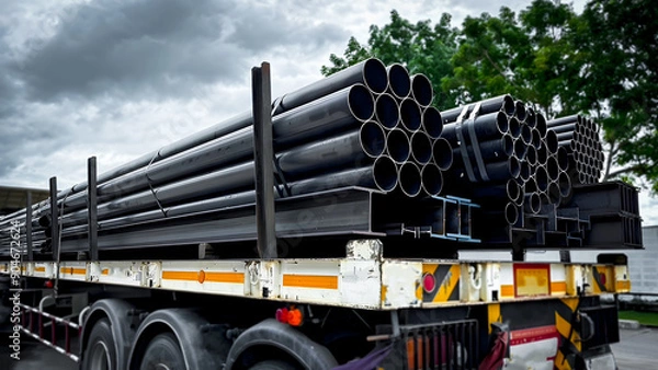 Obraz Construction products on transport vehicles Group of steel pipes for industrial materials Construction engineering products  equipment, steel pipes, metal warehouse industry, delivery to customers