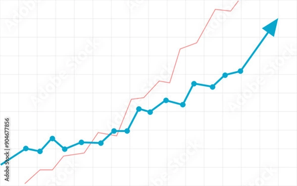 Fototapeta blue business arrow rising up with dots followed by line graph going up, trading profit, economic boom, business growth