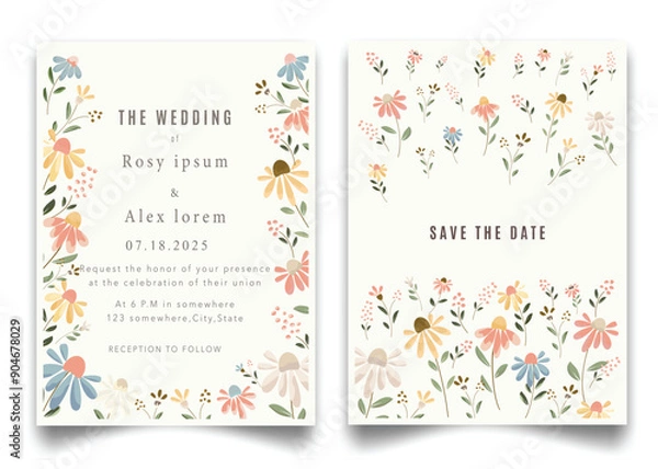 Obraz wedding invitation card background vector. Elegant hand drawn flower and line art with elegant garden anemone template Design illustration for wedding and template, banner.