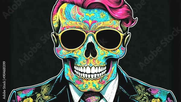 Fototapeta A strikingly detailed pop art sticker of a skull adorned with a handlebar mustache and a stylish posh undercut haircut against a solid black background. The image, reminiscent of a painting, features 