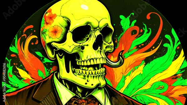Fototapeta A strikingly detailed pop art sticker of a skull adorned with a handlebar mustache and a stylish posh undercut haircut against a solid black background. The image, reminiscent of a painting, features 