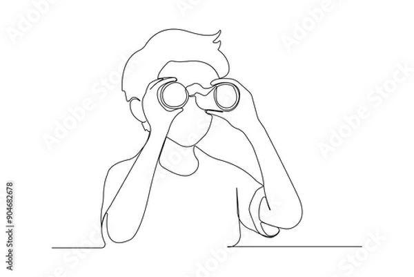 Obraz Young boy looking through binocular line art drawing. Binocular continuous outline vector.
