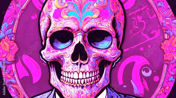Fototapeta A strikingly detailed pop art sticker of a skull adorned with a handlebar mustache and a stylish posh undercut haircut against a solid black background. The image, reminiscent of a painting, features 