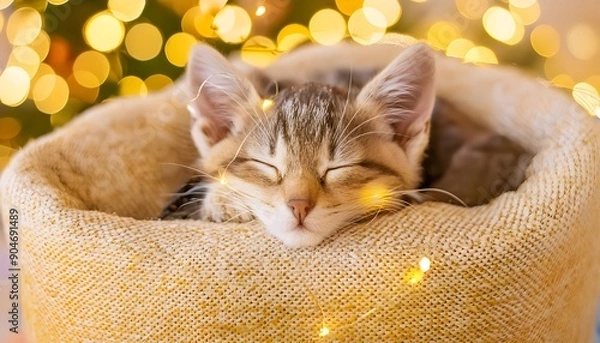Obraz the little cat is sleeping on the couch with dramatic tone, ai generate