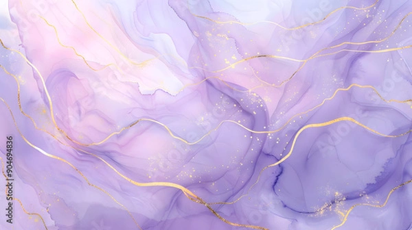 Fototapeta pastel violet marble effect luxury abstract brush golden glitter lines watercolor background design.generative ai