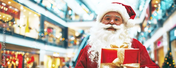Fototapeta Classic image of Santa Claus in red suit with gift box surrounded by Christmas decorations.