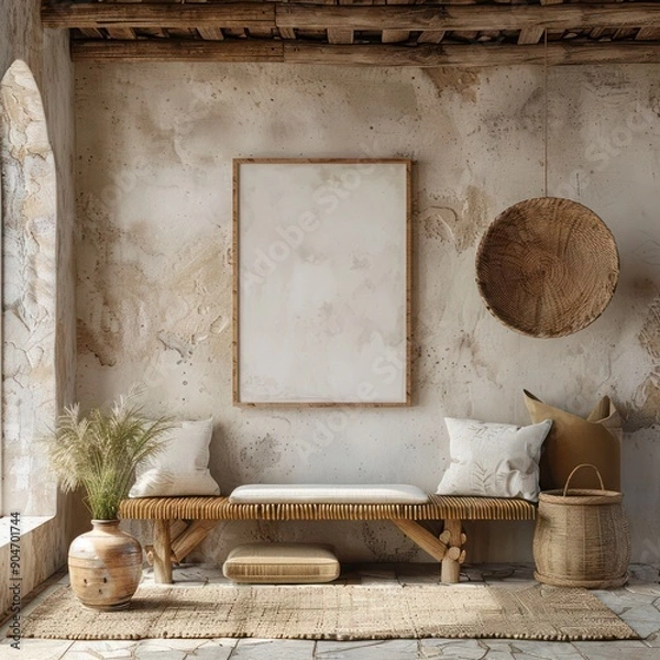 Fototapeta home interior with a mockup picture frame and ibizan house decoration. great for presenting your artwork or photos in a sophisticated and artistic space