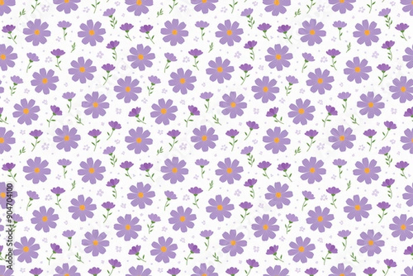 Fototapeta コスモスの花のシームレスパターンイラスト、白背景