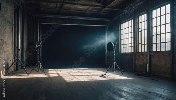 Fototapeta Vintage studio with large windows and dark backdrop ready for a photoshoot