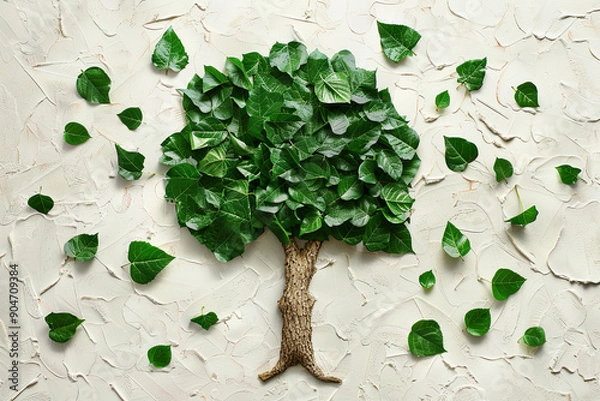Fototapeta Environmentally friendly concept. Tree made of green leaves and branches with hand-drawn cartoon trunk. Save the environment, rescue forests, ecology theme. Flat lay