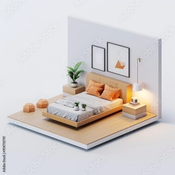 Fototapeta 3D Render, Low Poly style of Bedroom, on isolated white background, Generative AI